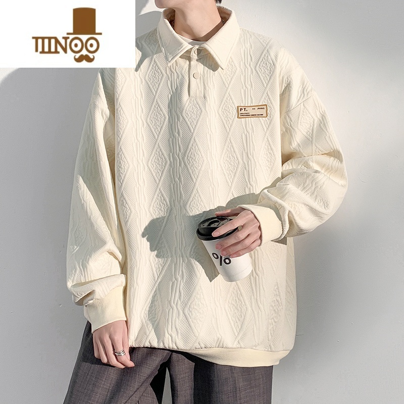 YANXU长袖Polo衫卫衣男士新款潮牌休闲宽松翻领情侣提花百搭上衣高清大图