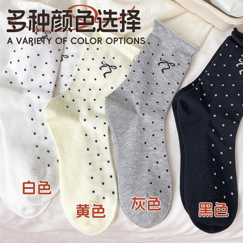 舒跑袜子女款春夏季堆堆袜点点袜中筒蝴蝶结可爱女袜堆堆袜ins高清大图