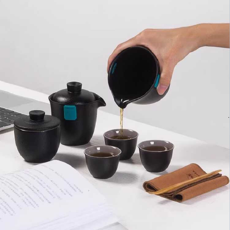 百科快客杯旅行套装 盖碗公道杯功夫泡茶茶具 黑色 一壶3杯高清大图