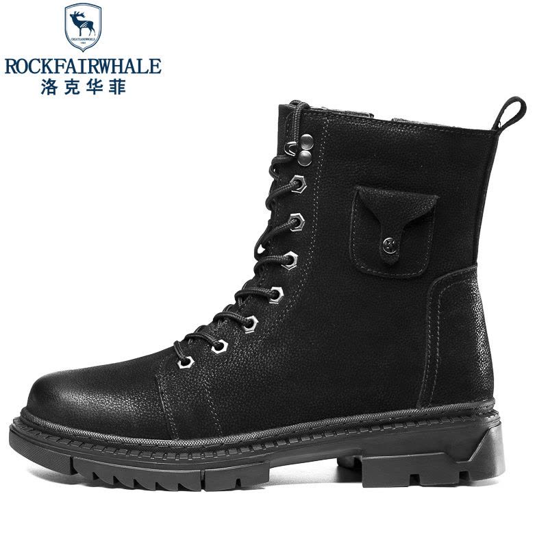 洛克华菲马丁靴冬季复古男鞋中帮英伦风工装靴加绒高帮真皮潮男黑色靴子图片