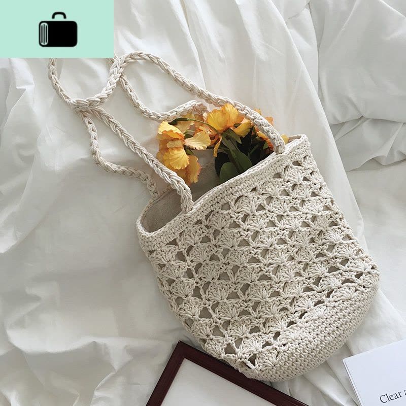 韩风chic气质镂空勾花毛线包森系编织水桶包单肩包手提包腋下包女NEW LAKE女士单肩包图片