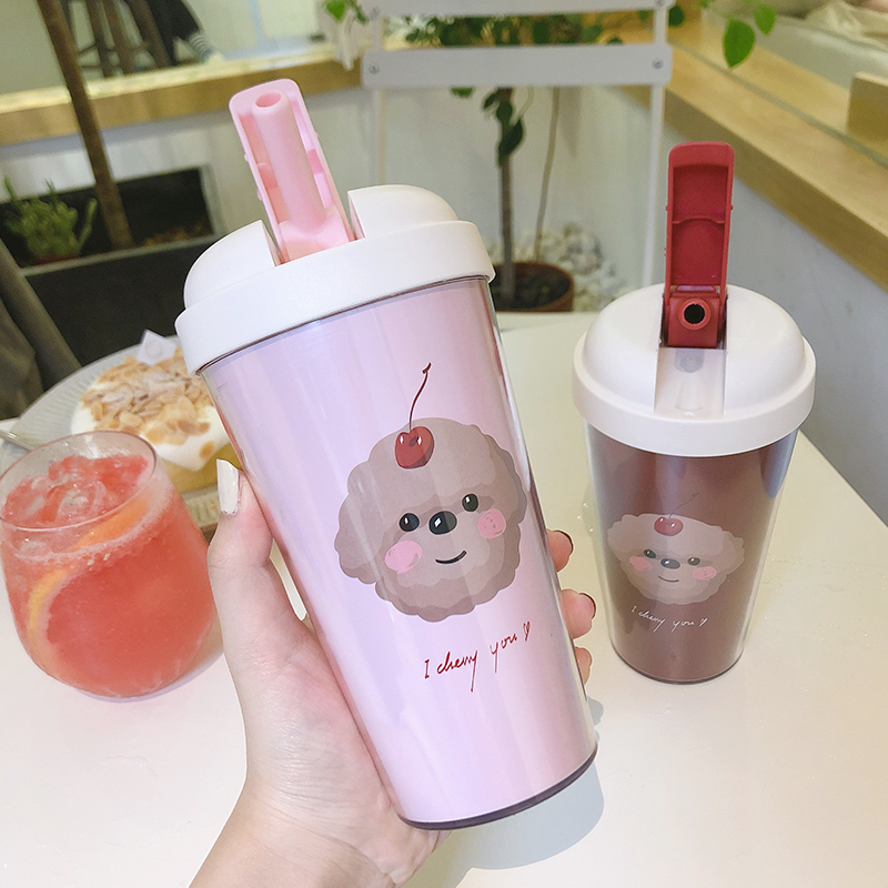 可爱水杯简约便携清新森系少女学生创意杯子带吸管塑料杯耐温