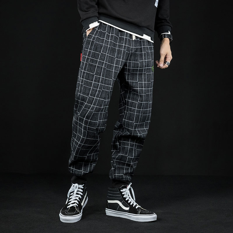 yuansu男士休闲裤黑白格子裤子男秋季宽松胖子哈伦裤潮流运动束脚裤