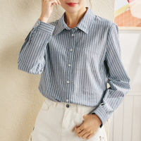 唐狮春秋新款纯棉衬衫女长袖条纹衬衣设计感小众宽松上衣外套