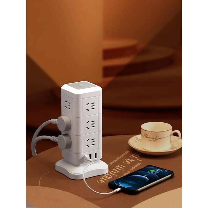 紫红色4插位08米公牛多插位立式插座带usb多功能家用办公插板魔方带线