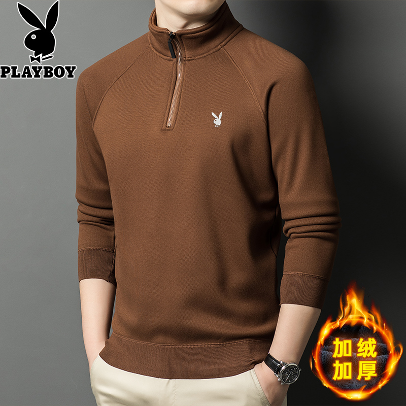 花花公子秋冬季加绒加厚半高立领卫衣男中年爸爸装长袖T恤打底衫