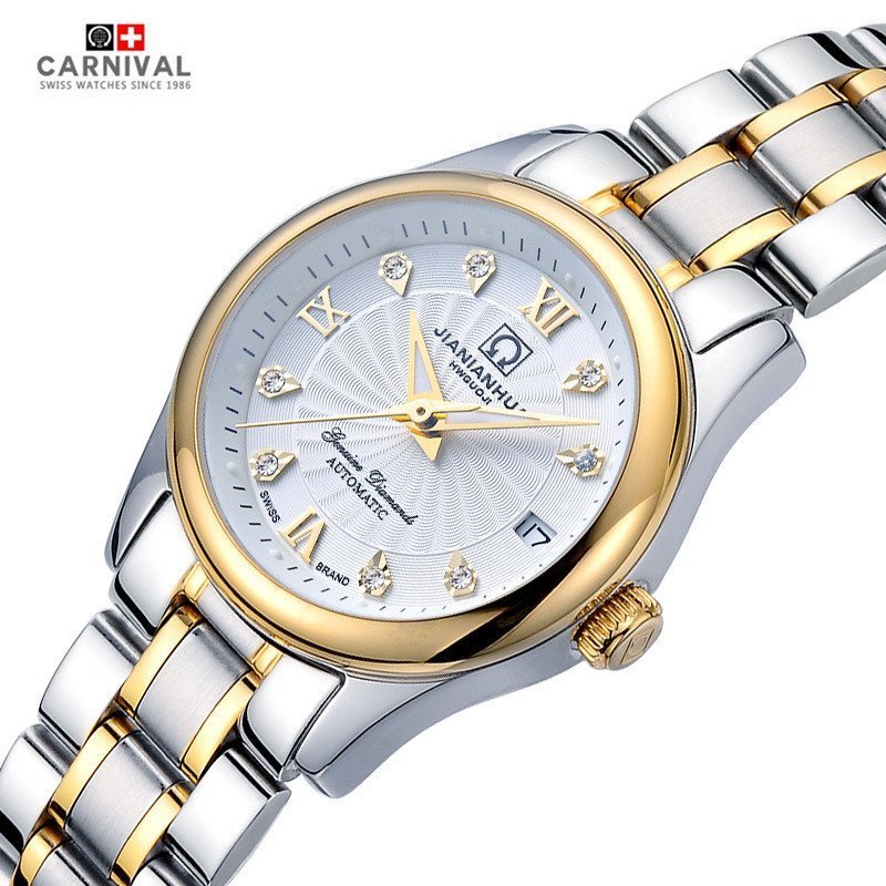 瑞士嘉年华CARNIVAL手表 新款全自动机械表 女士日历夜光防水女表休闲时尚商务手表金属精钢表带品牌女神表183-女款高清大图