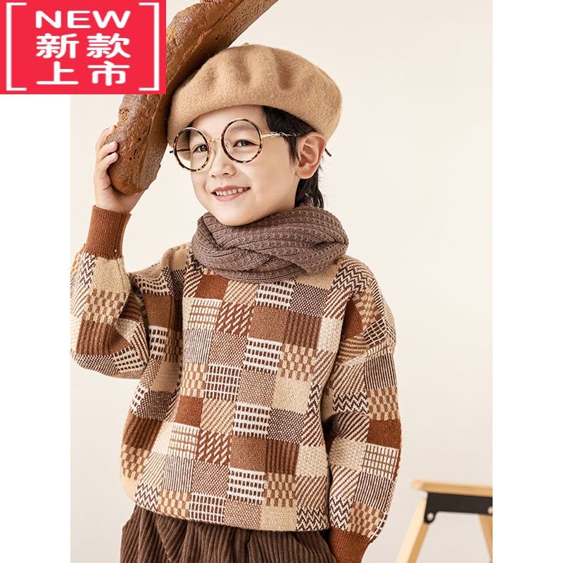 可莉允男童几何拼色芝麻点提花休闲宽松软弹内搭毛衣冬季儿童针织衫图片