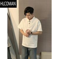 HLCOMAN纯黑色短袖男polo衫痞帅成熟稳重男装衬衫领t恤夏季五分半袖