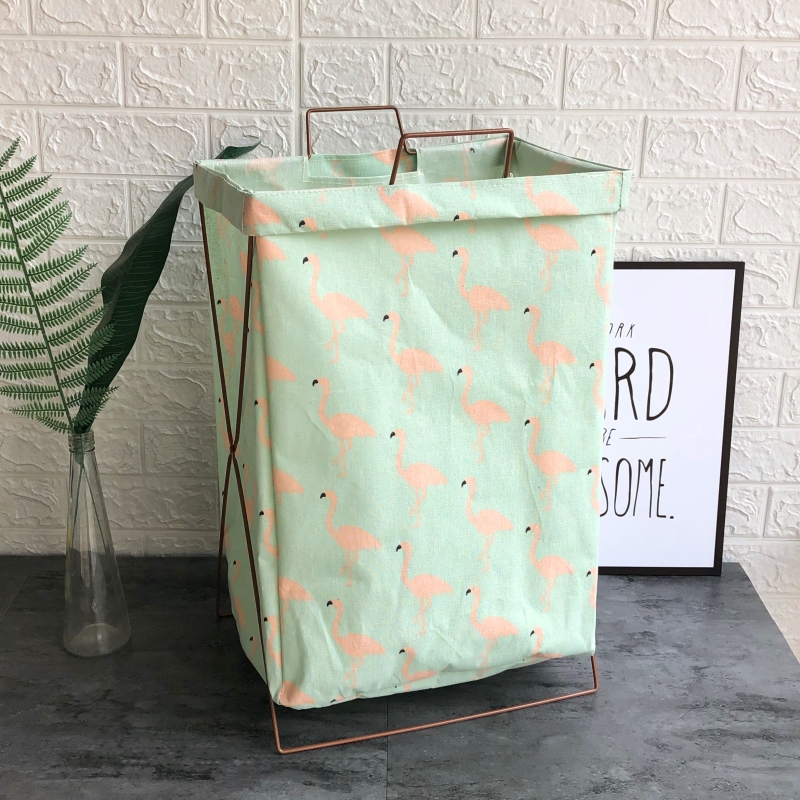 可折叠收纳筐手提脏衣篮支架 防水超大号脏衣篮脏衣篓玩具储物箱 浅绿色火烈鸟铁架