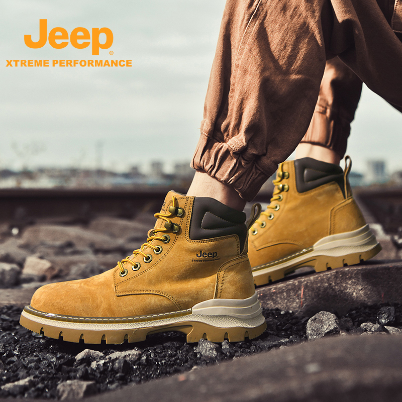 jeep马丁靴男款冬季户外防滑登山鞋真皮工装靴加绒加厚保暖雪地靴