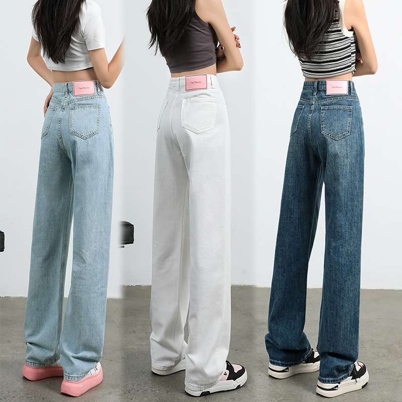 秋季韩版蓝色牛仔阔腿裤女高腰宽松显瘦褶皱设计感直筒拖地裤