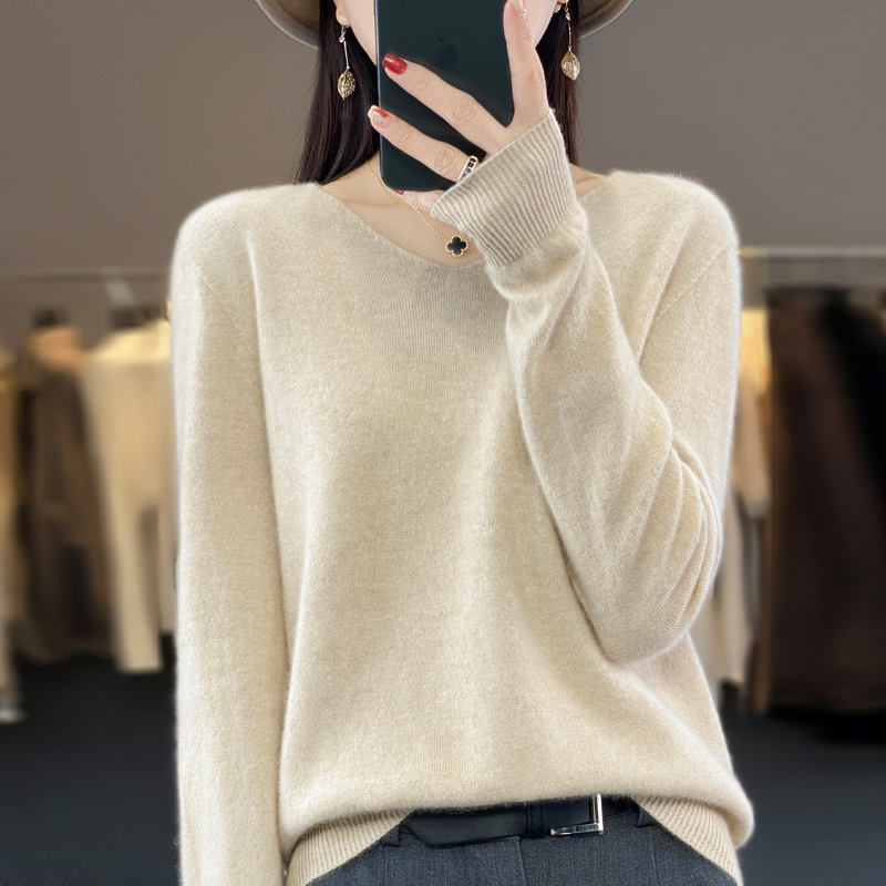 免费试穿鄂尔多市V领羊绒衫早秋新款针织衫宽松上衣慵懒毛衣女春秋针织上衣服打底衫秋冬内搭大 原绒米 M