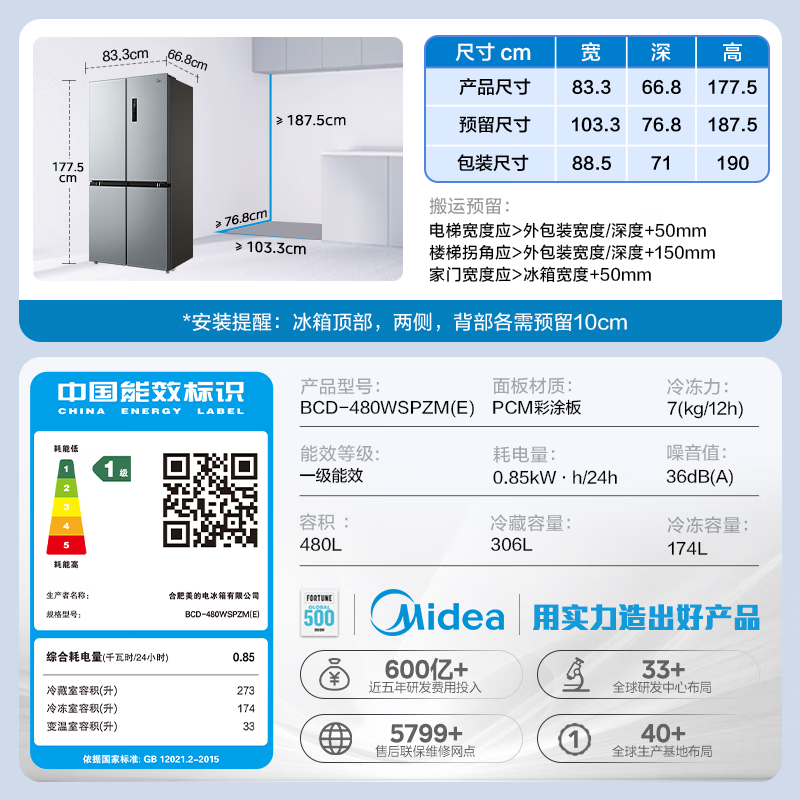 美的(Midea)冰箱480升超薄大容量双变频十字四开门对开门风冷无霜家用BCD-480WSPZM(E)银高清大图