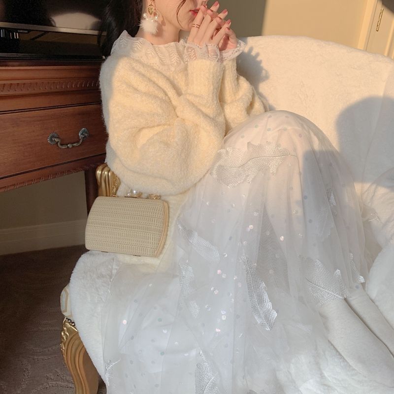 网纱半身裙2021新款秋冬加绒女中长款长裙白色裙子仙女裙仙纱裙