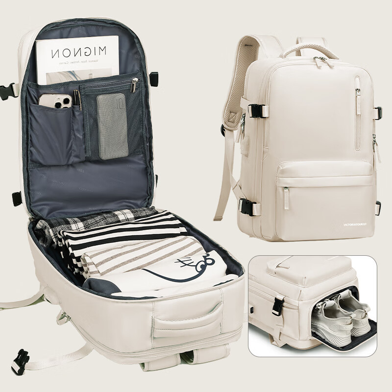 维多利亚旅行者短途旅行登山出差电脑包双肩包USB充电背包7051米白色高清大图