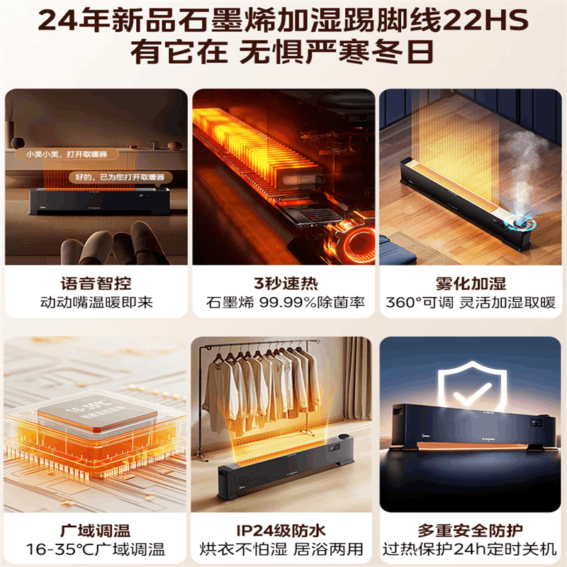 美的(Midea)[语音加湿]石墨烯踢脚线取暖器/家用电热电暖器/浴室电暖气/全屋升温速热烤火炉遥控省电HDT22HS图片