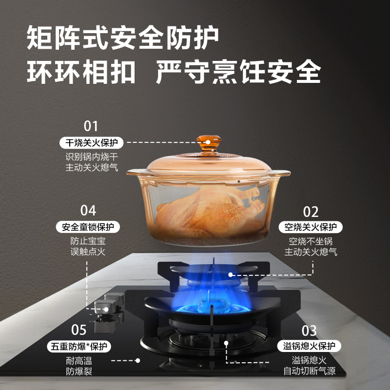 方太5.0kW燃气灶双眼灶煤气灶单灶具燃气灶嵌入式灶煤气炉防爆玻璃灶台炉具炉灶防干烧02-DA21B