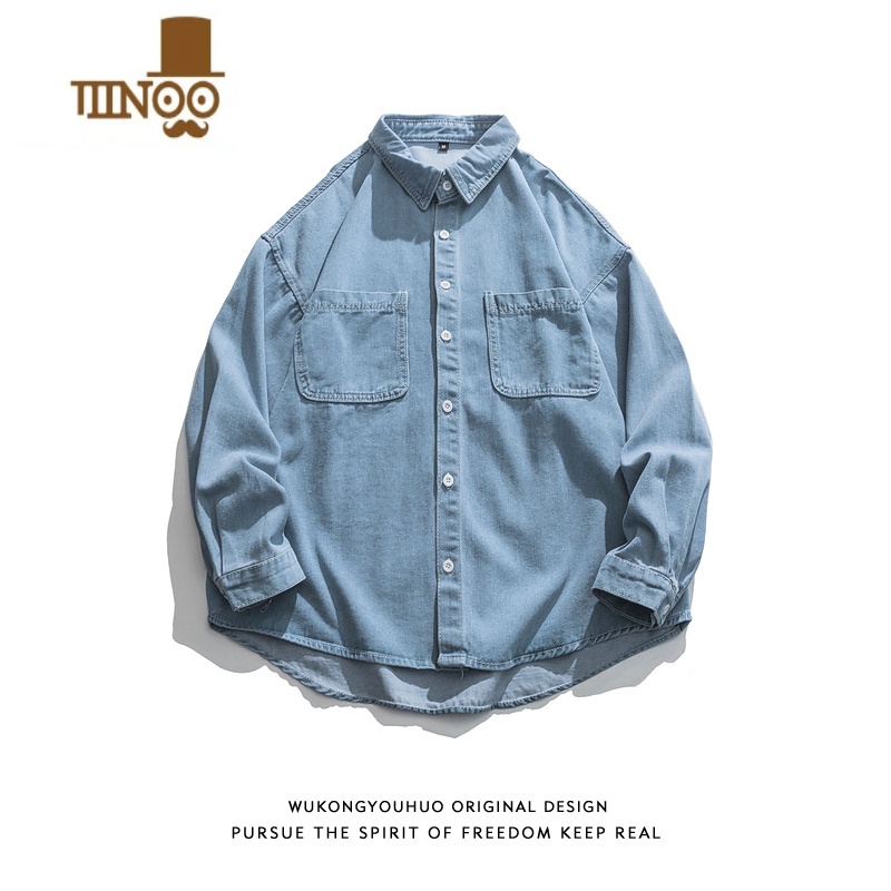 YANXU日系复古简约纯色做旧牛仔长袖衬衫男潮牌街头宽松bf衫系高清大图