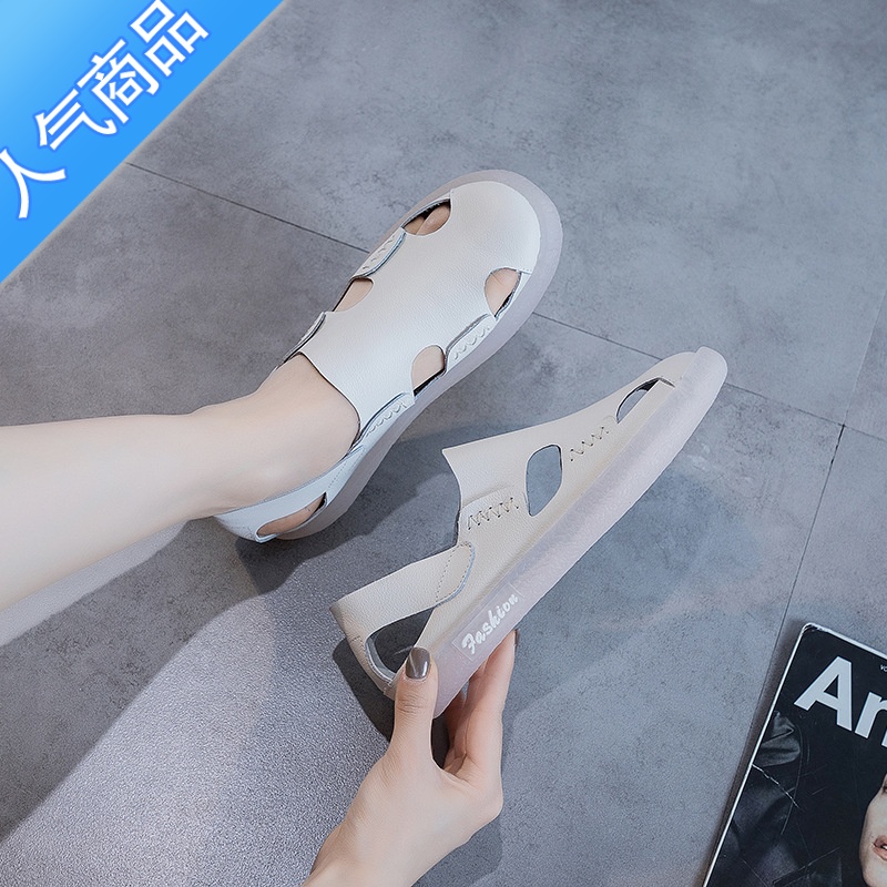 SUNTEK夏季镂空凉鞋透气两穿牛筋软底乐福鞋平底单鞋女防滑森女鞋子高清大图