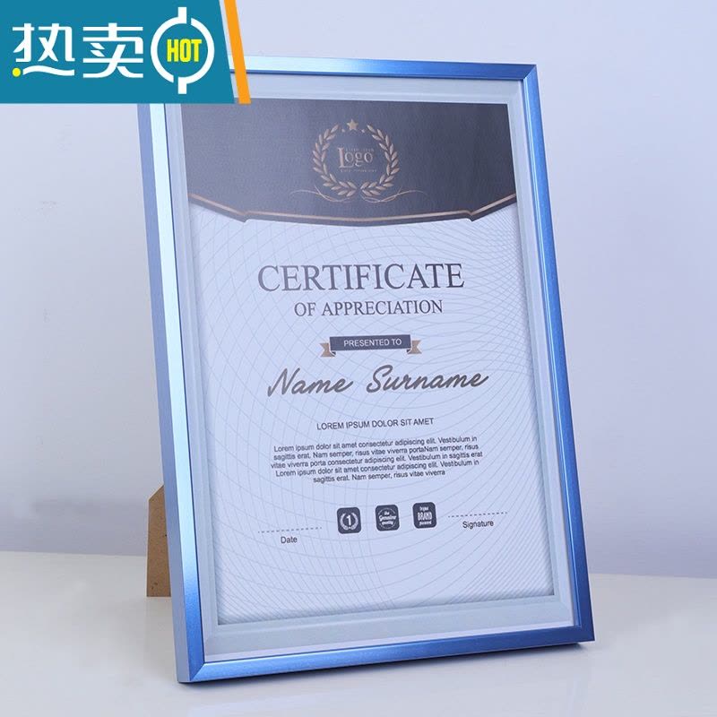 敬平铝合金证件框a4纸相框摆台荣誉证书奖牌裱框定制A3营业执照框挂墙 平面海蓝色 8开许可证(26.5*38cm)挂图片