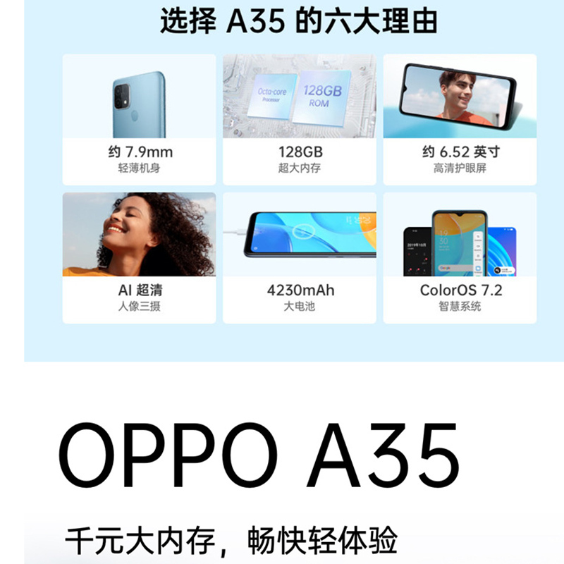 [全新]OPPO A35 冰玉白 4GB+128GB 大屏幕 7.9mm轻薄机身 前置800万AI美颜 后置三摄 全网4G手机