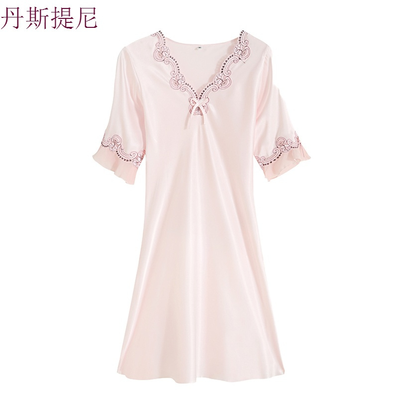 睡衣女秋夏季短袖纺真丝性感长袖丝绸套装大码薄款冰丝睡裙家居服