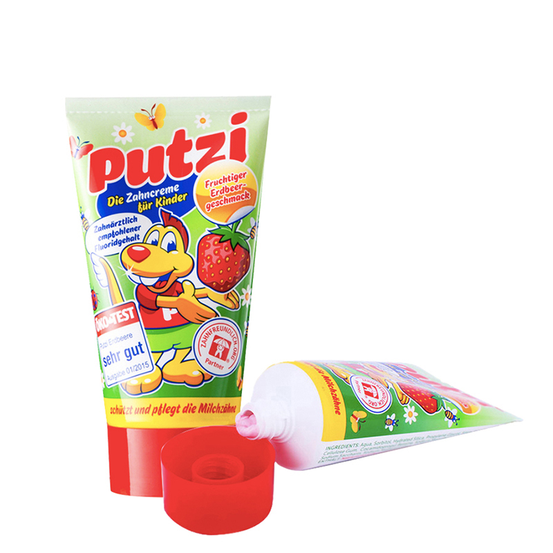 璞慈(Putzi)儿童可吞咽草莓味牙膏防蛀牙加钙50ml(低氟)适用于9个月-7岁德国原装进口两只装