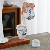 金镶玉功夫茶具套装 茶壶茶杯陶瓷送礼品盒高档 手绘青山碧水茶具