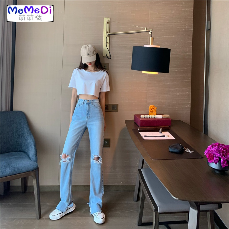 2020夏装新款ins泫雅风破洞牛仔裤女高腰开叉拖地裤网红阔腿长裤