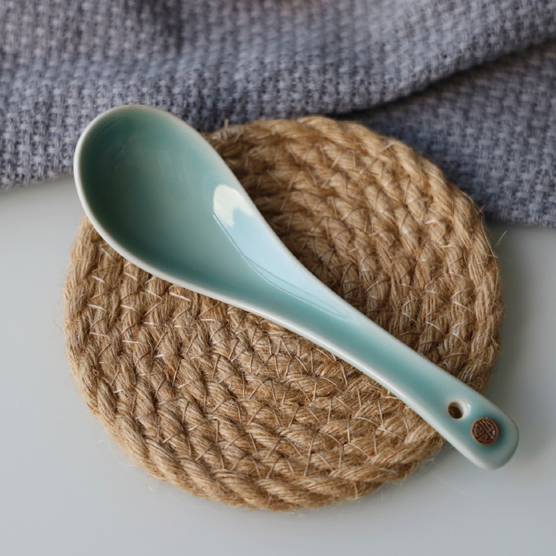 青瓷天青釉创意福字中式餐具小勺子家用陶瓷汤匙调羹粥勺饭勺