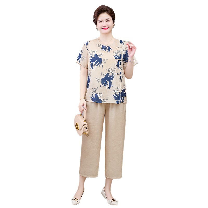 纤孜雅 夏季妈妈印花短袖套装新款中老年加肥加大上衣裤子两件套洋气高清大图