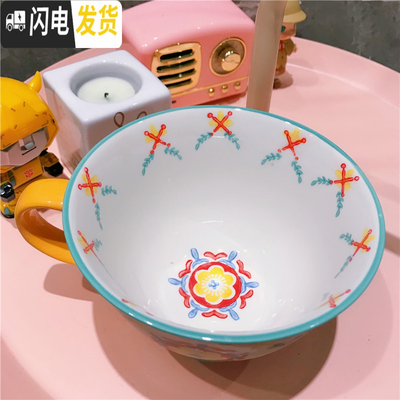 三维工匠又又海 英伦陶瓷手绘杯子彩色花朵小清新大容量早餐杯 情侣马克杯高清大图