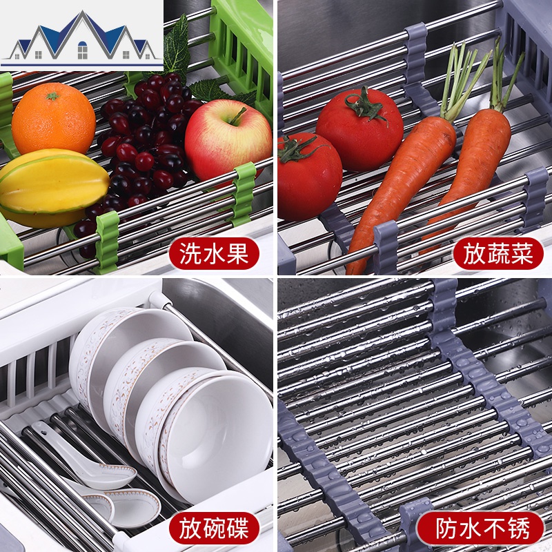 厨房置物架收纳架免打孔不锈钢水伸缩沥水篮洗菜盆碗筷沥水架子 三维工匠高清大图