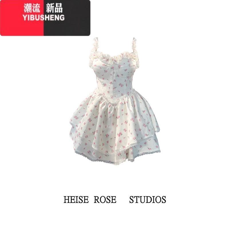 YIBUSHENG法式白色碎花吊带连衣裙女季新款辣妹纯欲风收腰显瘦公主蓬蓬裙图片