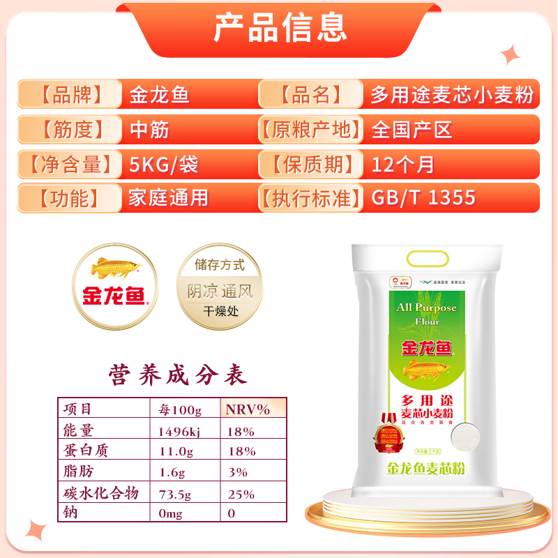 鲁花5S压榨一级花生油5L+金龙鱼多用途麦芯小麦粉*3