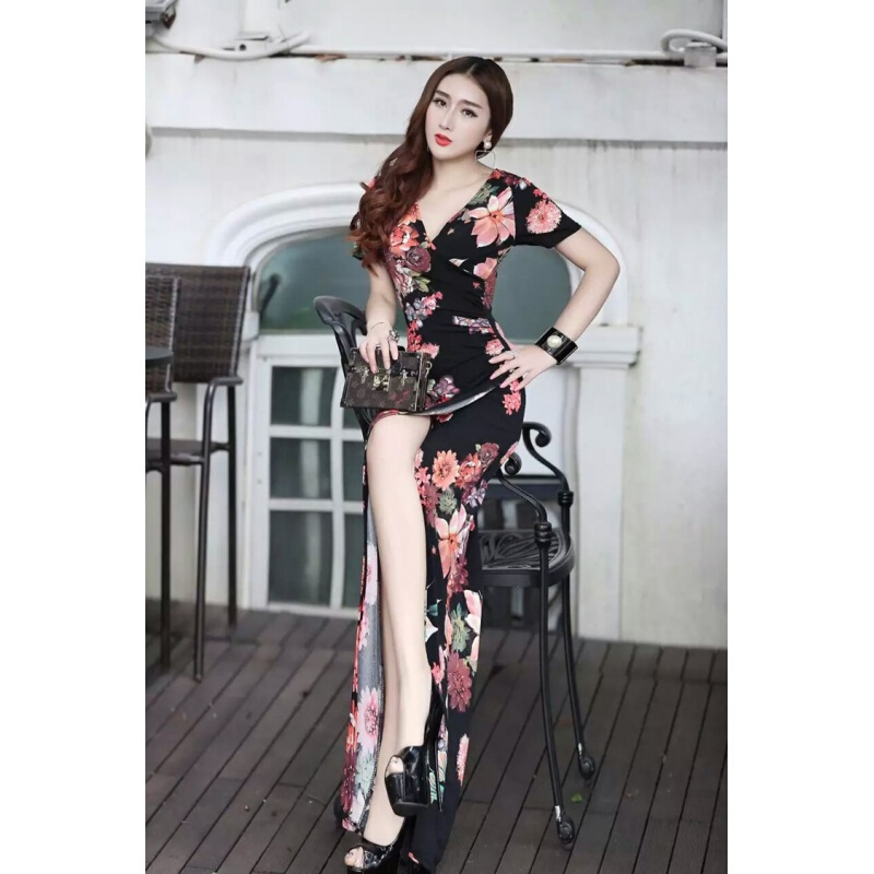 欧美夏季女装性感V领修身显瘦包臀高开叉连衣裙时尚印花长裙