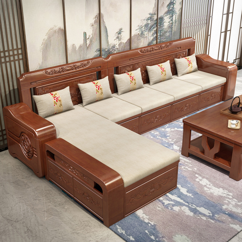 木格尚品实木储物沙发组合贵妃现代中式雕花沙发客厅冬夏两用实木沙发