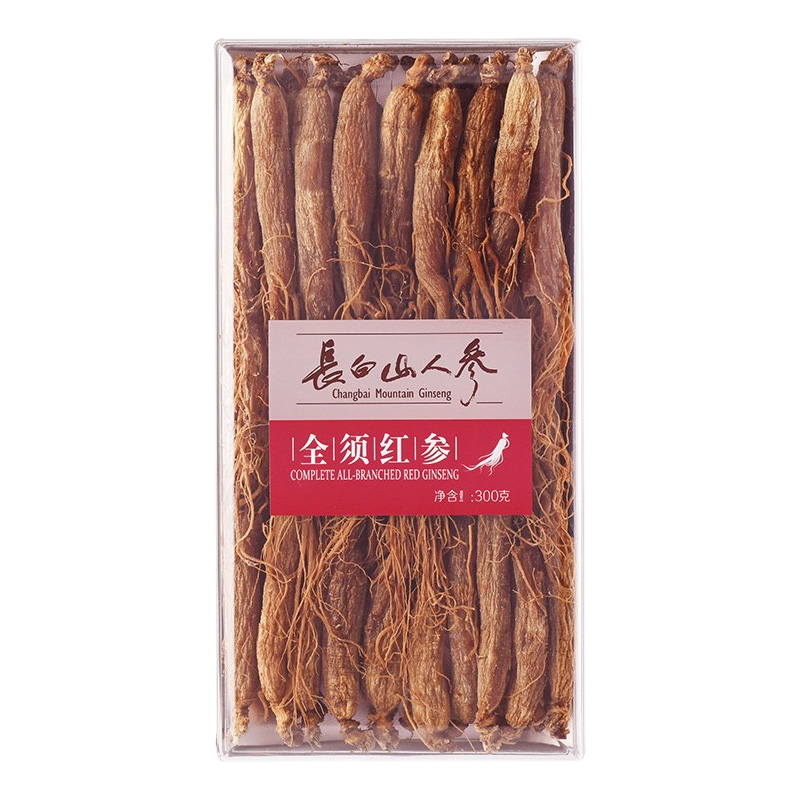 长白山人参红参须老质脆实心芦头饱满色正亚克力盒300g