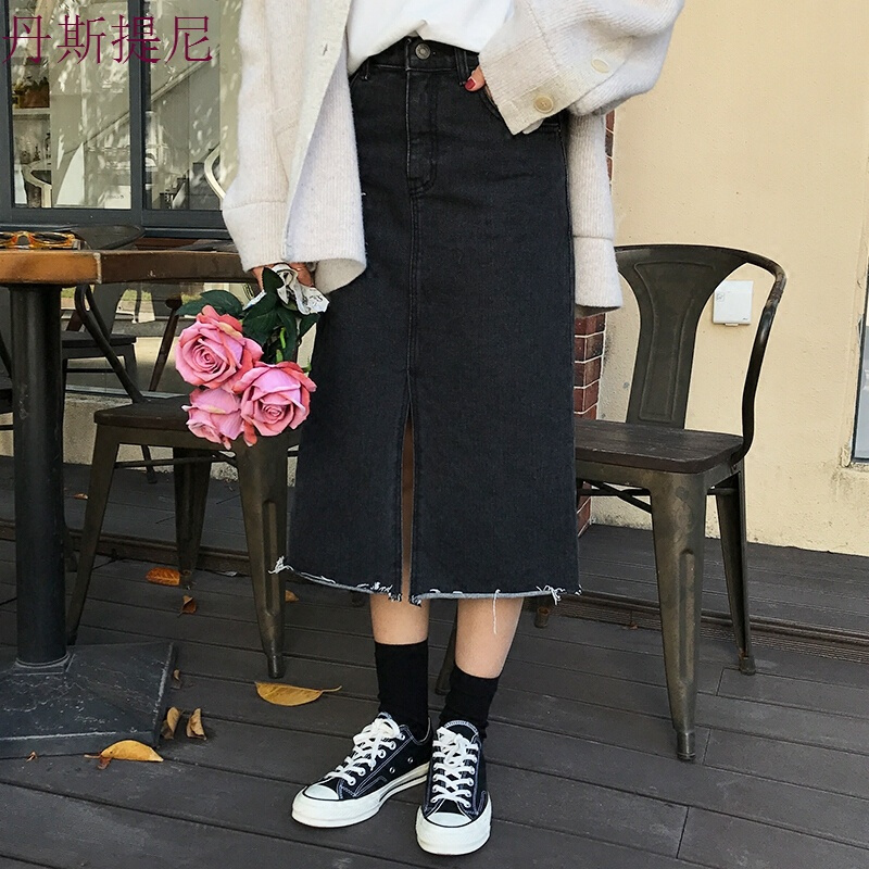 裙子女夏馨帮帮复古百搭牛仔裙韩版中长款高腰宽松港味chic半身裙烟灰色