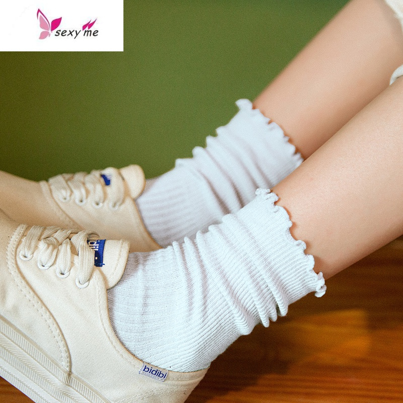 35双堆堆袜女韩系常规棉袜纯色ins秋木耳边白色中筒袜子fishbasket