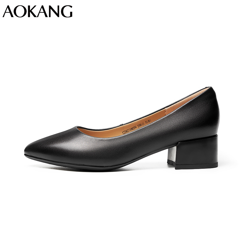 奥康女鞋新款尖头舒适牛皮透气粗跟单鞋工作鞋空姐酒店职业皮鞋女