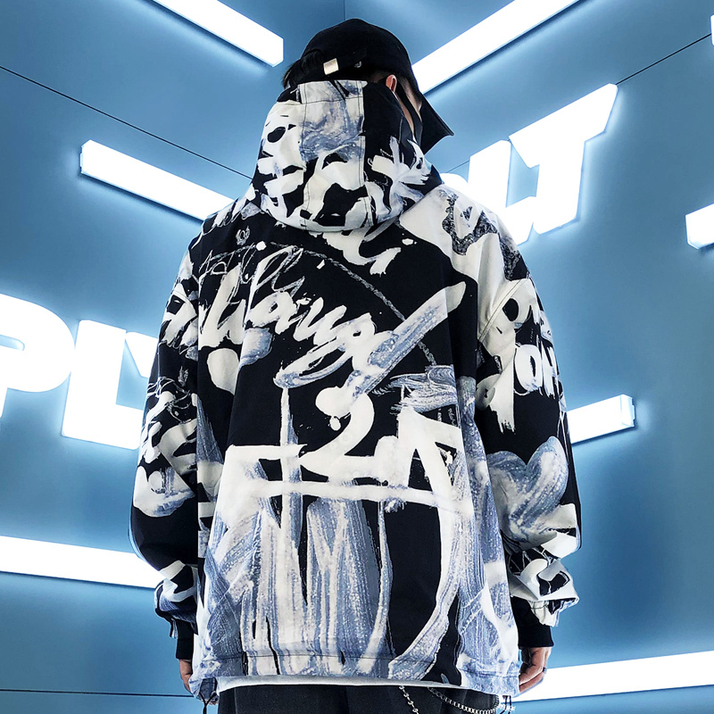 yuansu涂鸦外套男痞帅炸街夹克连帽潮牌2020秋季潮流个性宽松休闲风衣