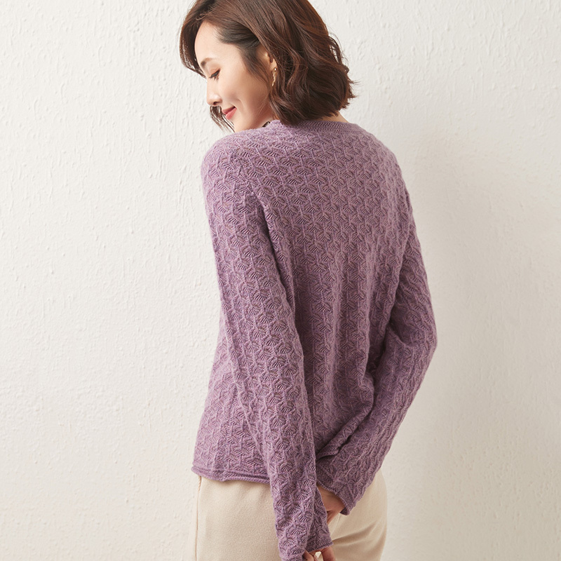 雪米贝奴21新款纯色镂空羊毛开衫女外套圆领针织毛衣外穿