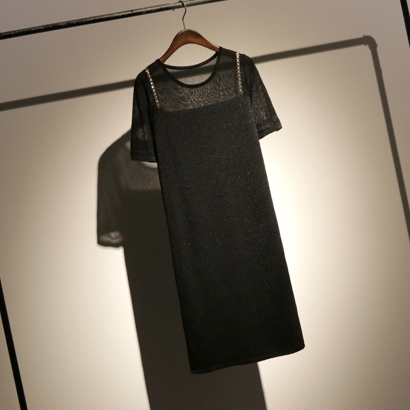 哦呀苏米链条带拼接假两件撞色t恤女中长款宽松短袖针织t恤裙白色均码