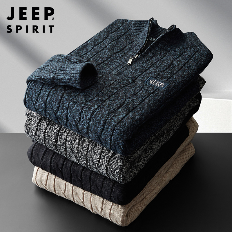 JEEP SPIRIT吉普男士针织衫加绒加厚保暖针织衫半拉链立领时尚毛衣秋冬套头衫外套高清大图