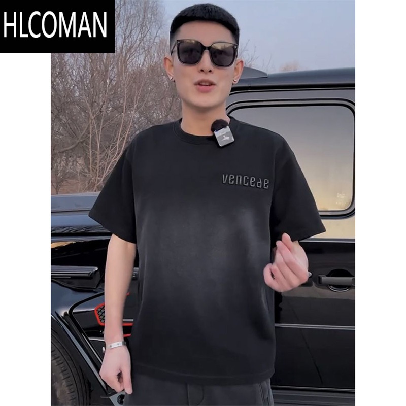 HLCOMAN网红同款小衫夏季渐变做旧短袖t恤男半截袖潮流百搭情侣短袖t