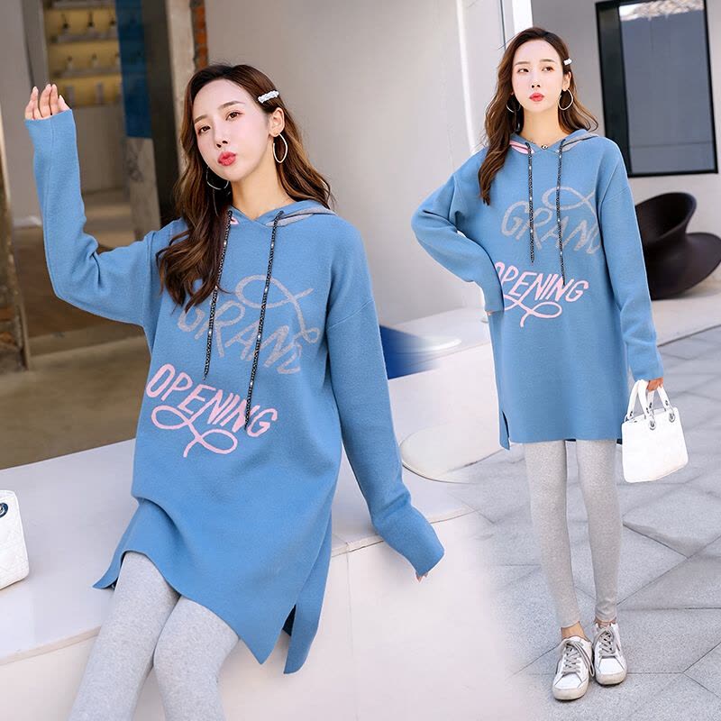 迪鲁奥(DILUAO)孕妇装秋冬装新款连帽女中长款新款春秋季长袖宽松针织衫套头上衣套装 蓝色 均码[适合约90-图片