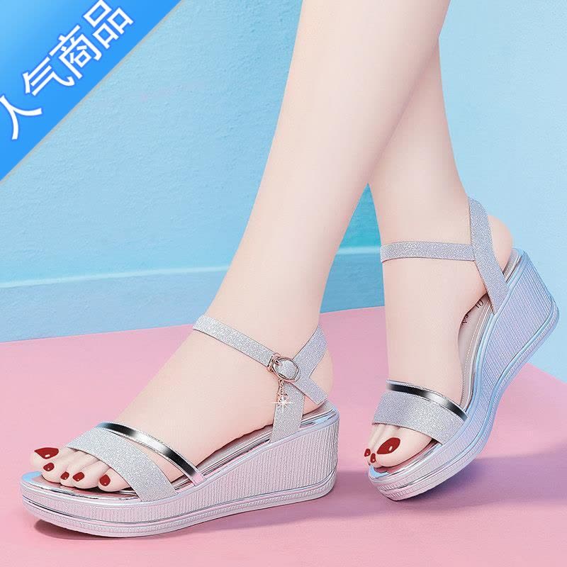 SUNTEK坡跟凉鞋女2023年夏季新款百搭中跟防滑厚底舒适高跟仙女时尚女鞋图片