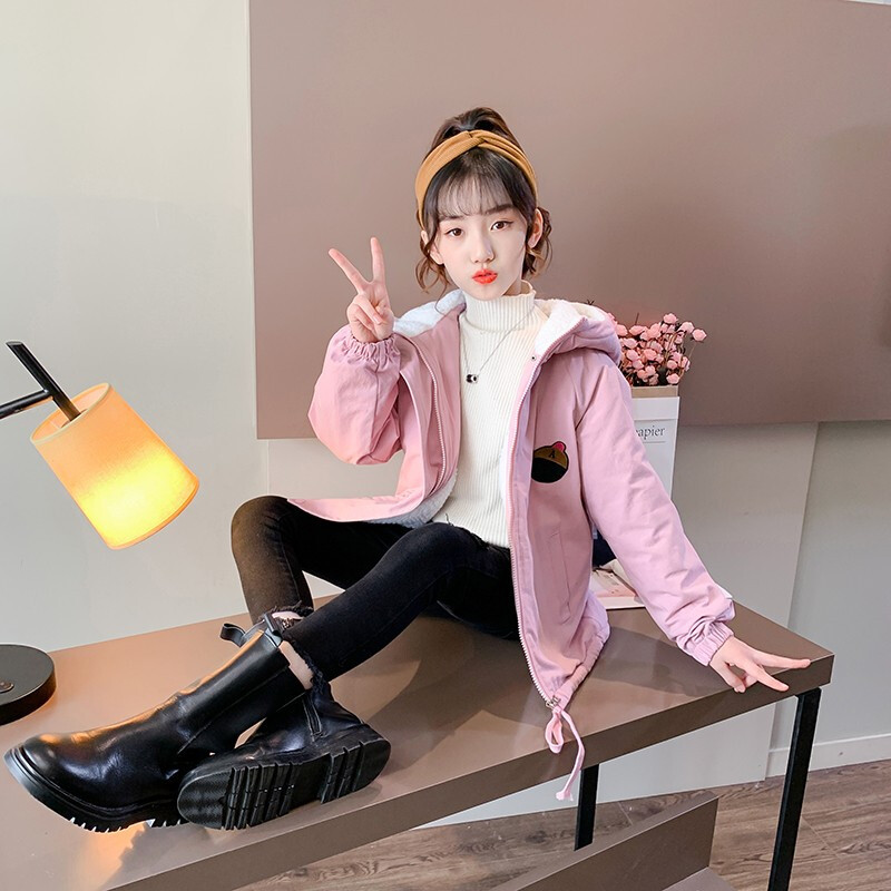 MinanSer童装女童外套秋冬两面穿加绒派克服2021新款中大儿童洋气加厚保暖风衣中小学生女孩中长款上衣冬季新品